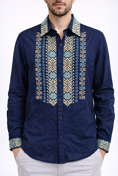 Nobrand Traditional embroidered shirt for men – navy blue with turquoise & be...