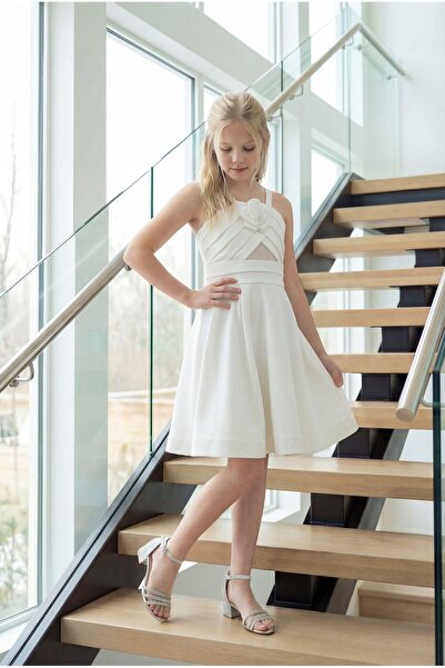 BUTİKHAPPYKİDS Kız Çocuk Krem Krep Askılı Transparan Tül Detaylı Çıkarılabili...