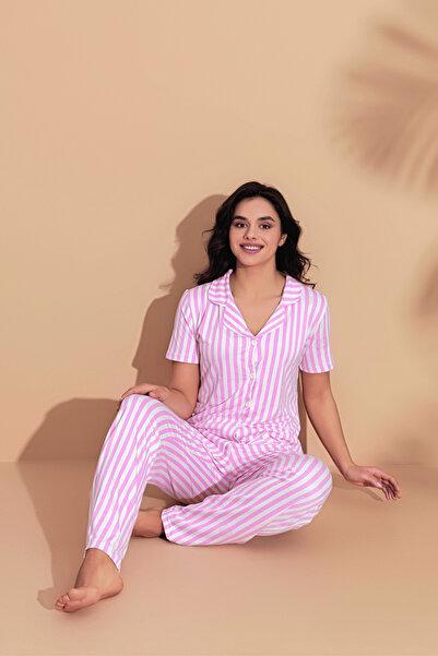 CASPARA Women's Pajama Set Pink Striped Short Sleeve Cotton Ultra Soft Relaxe...