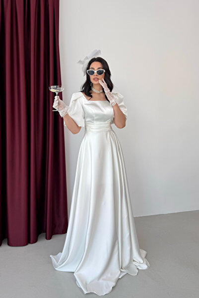 Serica Moda Beyaz Kare Yaka Balon Kol Maxi Abiye Elbise