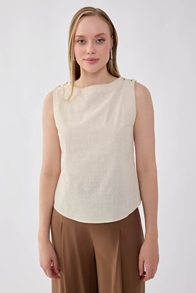Vitrin Buttoned Shoulder Viscose Linen Blouse