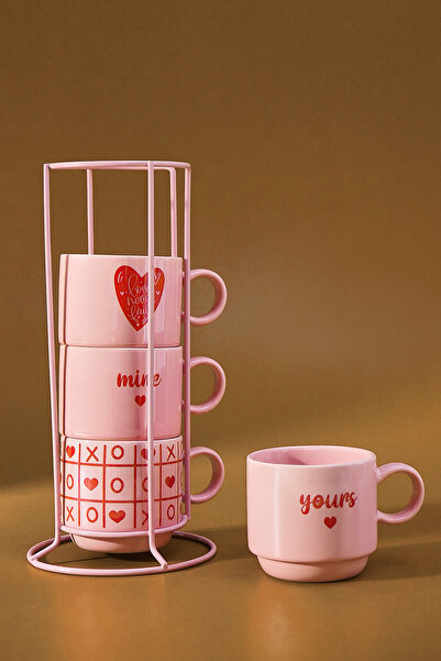 Karaca Dolce Amour 4-Person Tea Cup Set with Stand 160 ml