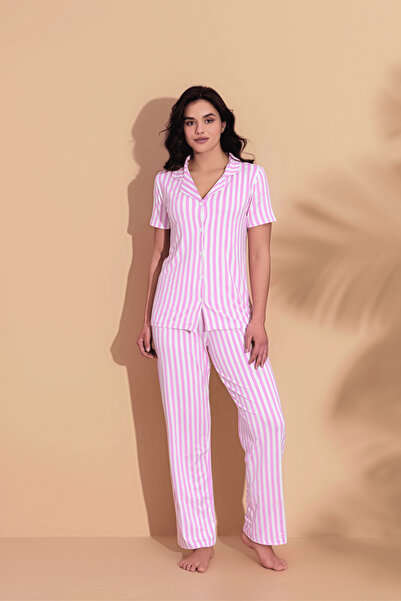 CASPARA Set de pijamale pentru femei, roz, cu dungi, cu mânecă scurtă, din bu...