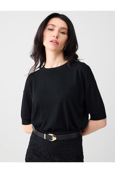 Jimmy Key Siyah Bisiklet Yaka Yün Karışımlı Kısa Kollu Triko Bluz