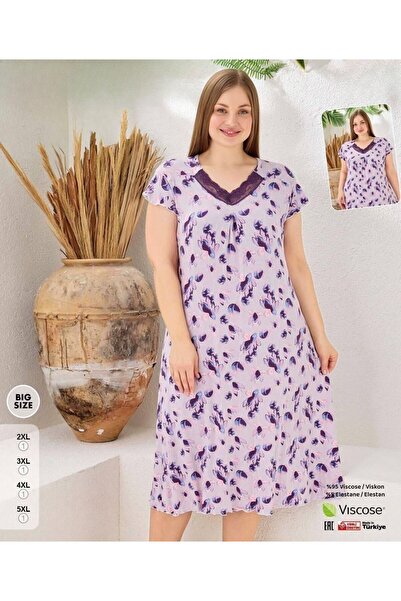 İpek Γυναικείο νυχτικό με κοντό μανίκι, μεγάλο μέγεθος, με δαντελένιο γιακά κ...