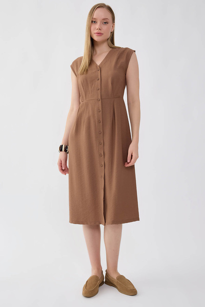 Vitrin Buttoned V-Neck Dress