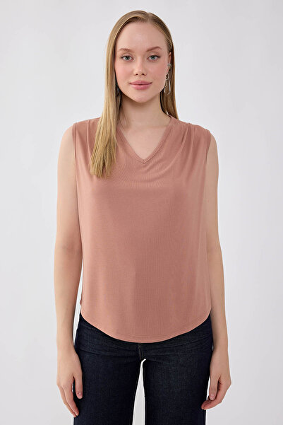 Vitrin V-Neck Shoulder Pleated Blouse