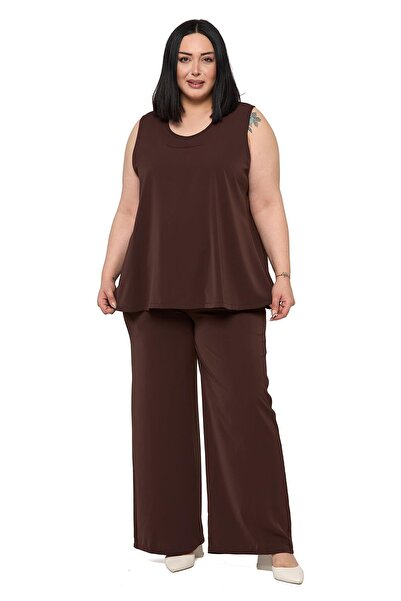 DISENTIS MODEST Bluză fără mâneci mărime mare, pantaloni largi, set maro din ...