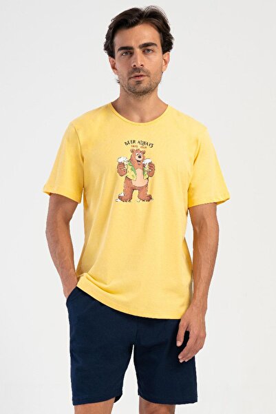 VİENETTA Men's Short Sleeve Shorts Yellow 100% Cotton Printed Pajama Set C8T3...