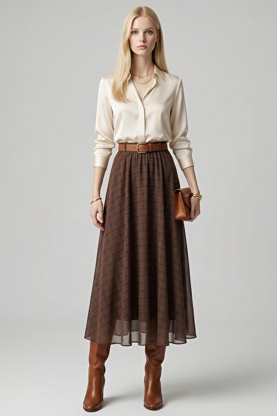 Rays 8458A Belted Chiffon Skirt Brown