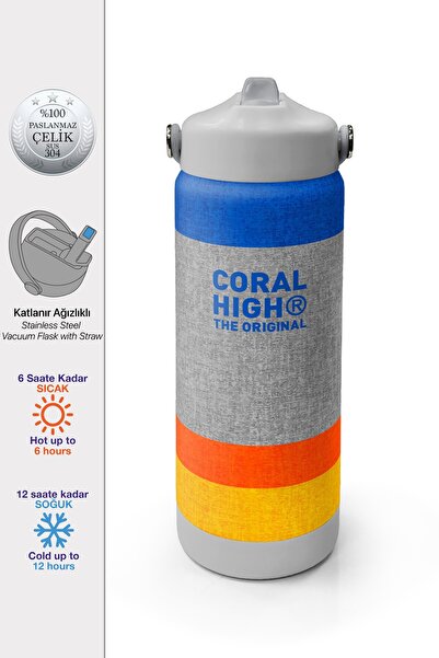 Coral High Gri Turuncu Çizgi Desenli Katlanır Ağızlıklı Çelik Termos 650 ml 3...