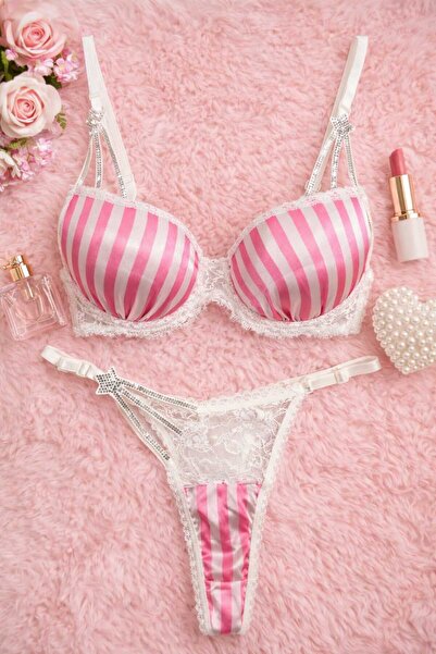 hepimiz alalım Pink and White Striped Lace Stone Detailed Push up Bra Panty Set