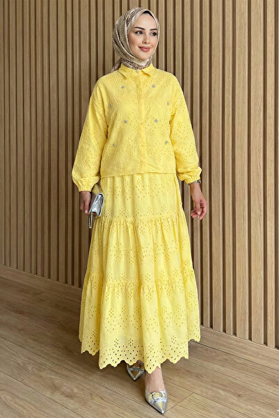 Kirazgym Women's Scallop Detailed Blouse Skirt Hijab Set - Yellow