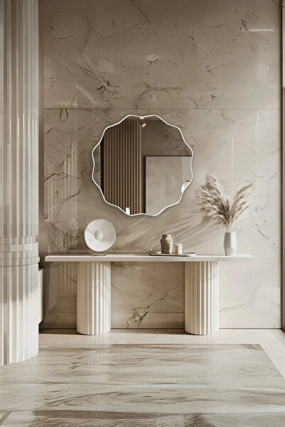 Fawdecor Şık Asimetrik Ahşap Çerçeveli Banyo Lavabo Duvar Aynası - Modern Dal...