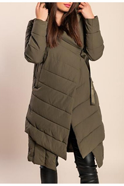Nobrand Women's long khaki quilted jacket with Hooded and adjustable Belt , m...
