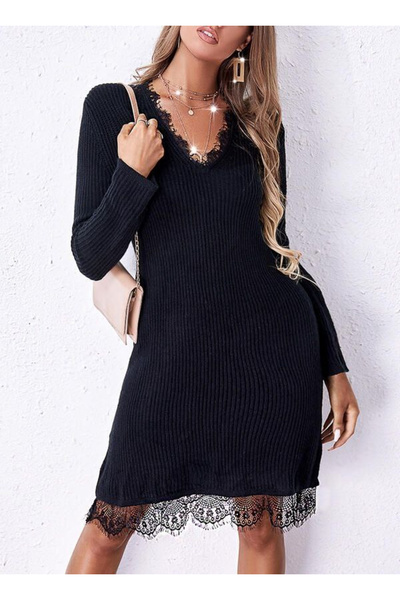 Mad Diva Rochie neagra, midi, model striat, accesorizat cu dantela