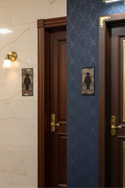 mdf Lüks 2'li WC Kapı İşareti Seti - Siyah Kabartma Figürlü 3mm Ahşap - Men &...