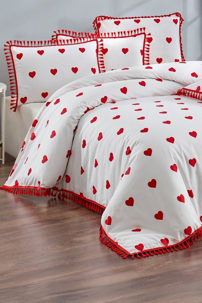 XVA Valentine's Day Gift Tasseled Double Red Heart Duvet Cover Set