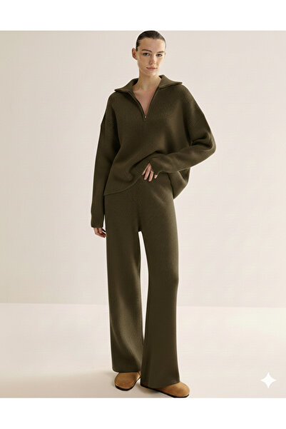 Sempre Women's Warm Soft Knitwear Half Zipper Pants&Top Two-Piece Set