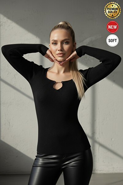 Teenage Millionaire Women's Black Pear Collar Hook Detailed Hooked Long Sleev...