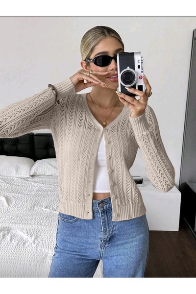 Bracha Openwork Pattern Button Detailed V-Neck 100% Cotton Knitwear Cardigan