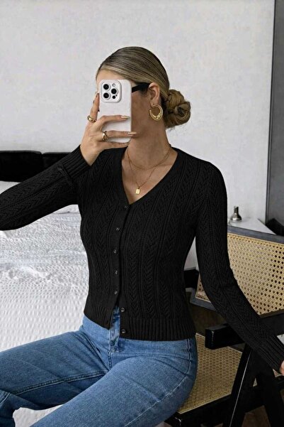 Bracha Openwork Pattern Button Detailed V-Neck 100% Cotton Knitwear Cardigan