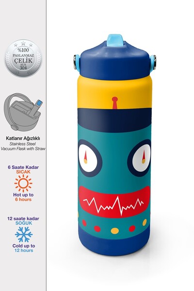 Coral High Lacivert Çivit Robot Desenli Katlanır Ağızlıklı Çelik Termos 650 m...