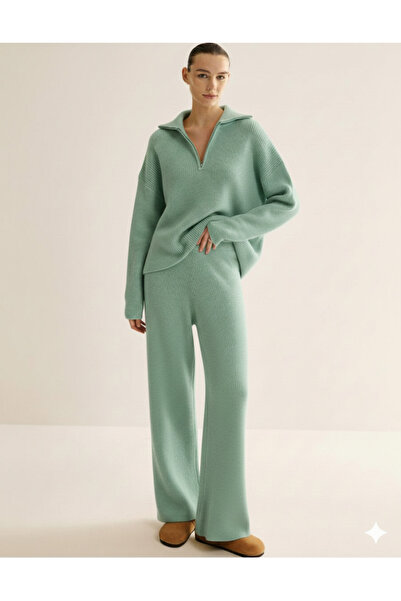 Sempre Women's Warm Soft Knitwear Half Zipper Pants&Top Two-Piece Set