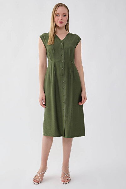 Vitrin Buttoned V-Neck Dress