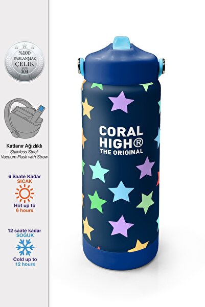 Coral High Lacivert Renkli Yıldız Desenli Katlanır Ağızlıklı Çelik Termos 650...