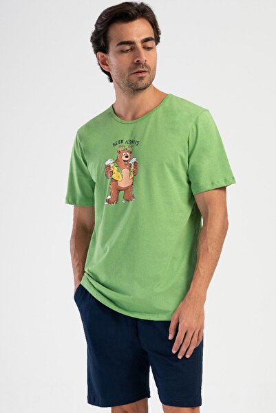 VİENETTA Men's Short Sleeve Shorts Green 100% Cotton Printed Pajama Set C8T3N...