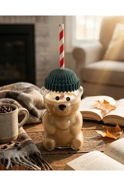 Lisinya Ayıcık Figürlü Cam Soğuk Içecek Bardağı 500 ml | Kapaklı Pipetli Bear...