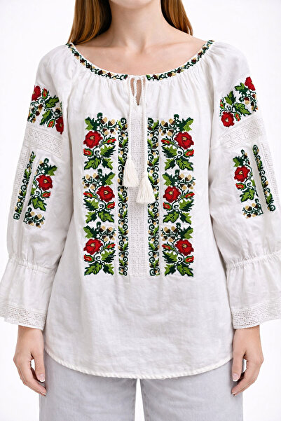 Nobrand Traditional women's Cotton blouse with red floral embroidery, authent...