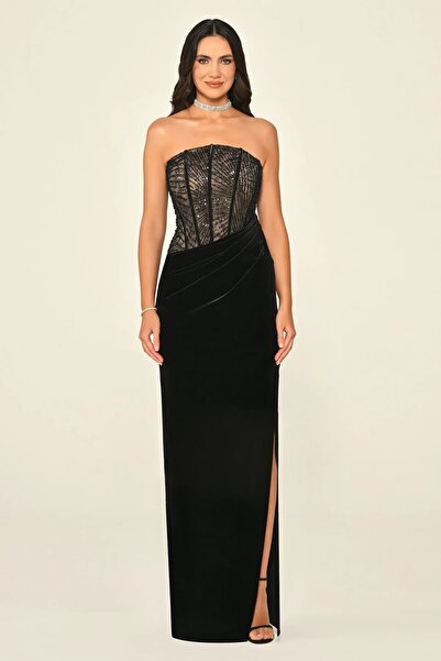 ALFABETA Straplez Üst Dantel Korse Eteği Kadife Uzun Elbise