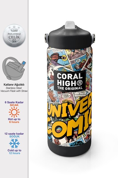 Coral High Çizgi Roman Desenli Katlanır Ağızlıklı Çelik Termos 650 ml 38315