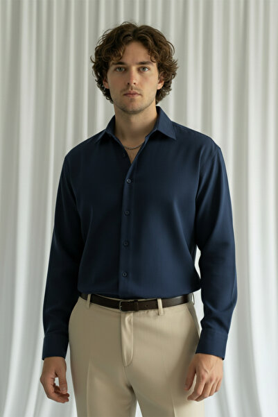 MENOFOURSWEAR Old Money High Quality Modal Fabric Shirt Navy Blue