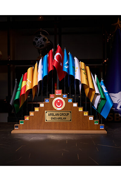 ofisbura 17’li Türk Devletleri Ahşap Kaide Bayrak Seti Kişiye Özel 70x50 cm