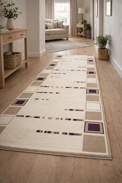 Padişah Halı Nepal Serisi %100 Akrilik Desenli 100x300 Bej-Mor Seri Sonu Halı