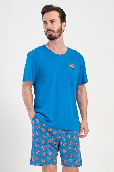 VİENETTA Men's Sax Shorts Pajama Set Short Sleeve 100% Cotton Patterned Pajam...