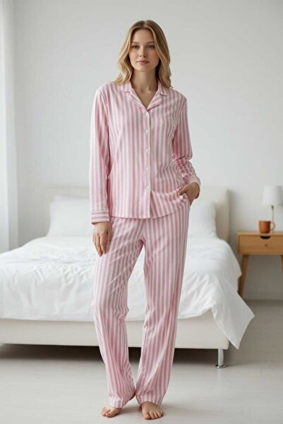 hepimiz alalım Pink White Striped Buttoned Long Sleeve Women's Pajamas Set