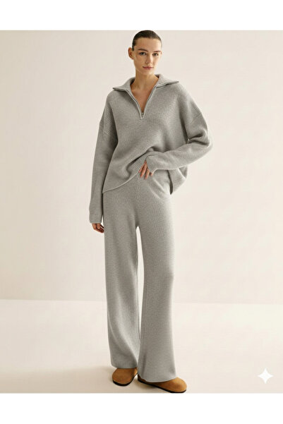 Sempre Women's Warm Soft Knitwear Half Zipper Pants&Top Two-Piece Set