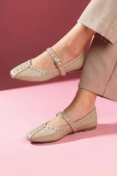 FUGA MODA Balerini Castana din piele de nurcă, cu cataramă aurie, cu o singur...