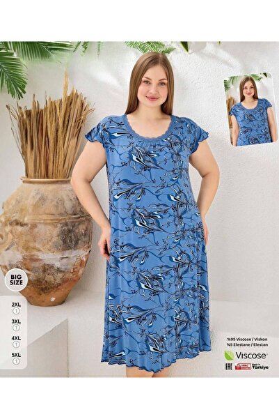 İpek Women's Short Sleeve Plus Size Lace Collar Midi Length Nightgown