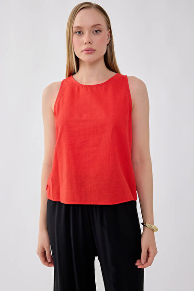 Vitrin Viscose Linen Zero-Sleeve Blouse with Buttons on the Sides