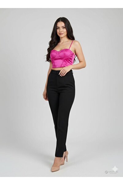 marvion Kadın Dikiş Detaylı Gogusu Balenli Saten Saten Crop Bluz