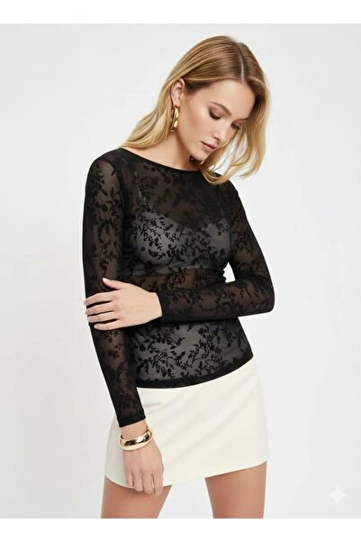 Park Karon Women's Boat Neck Flog Print Tulle Blouse 13007