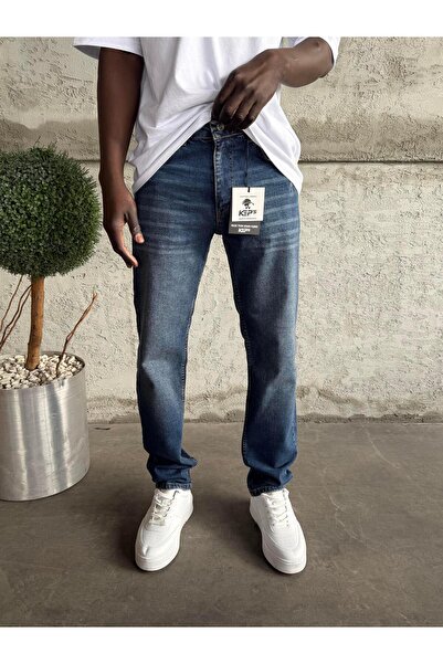 KağanKY Blugi cu croiala normala material elastic cu finisaj albastru bleumarin