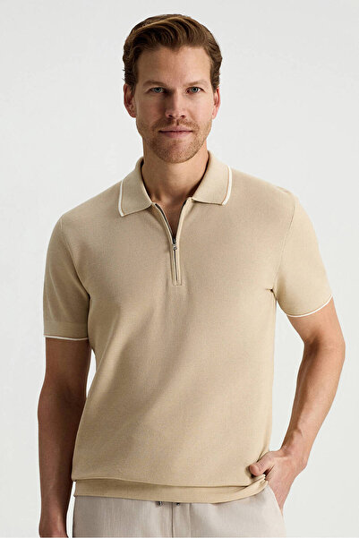 Hemington Merserize Pamuk Fermuar Yaka Bej Triko Polo