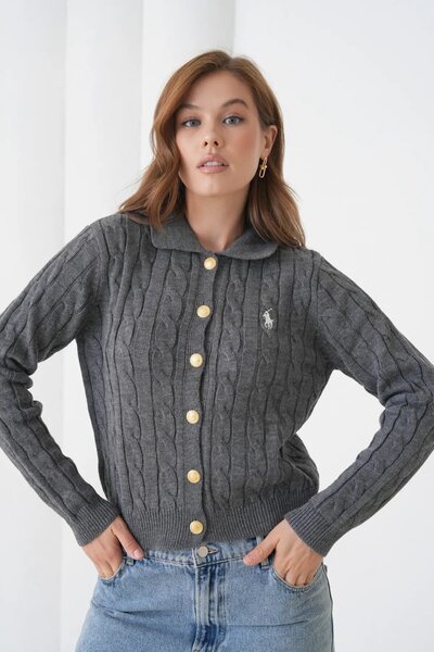 Park Karon Women's Polo Collar Hair Knit Button Detail Knitwear Cardigan 8525Sw