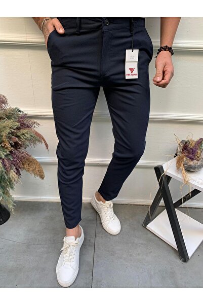 Ser Joven Men's Navy Blue Slim Fit Stretch Fabric Plain Fabric Trousers